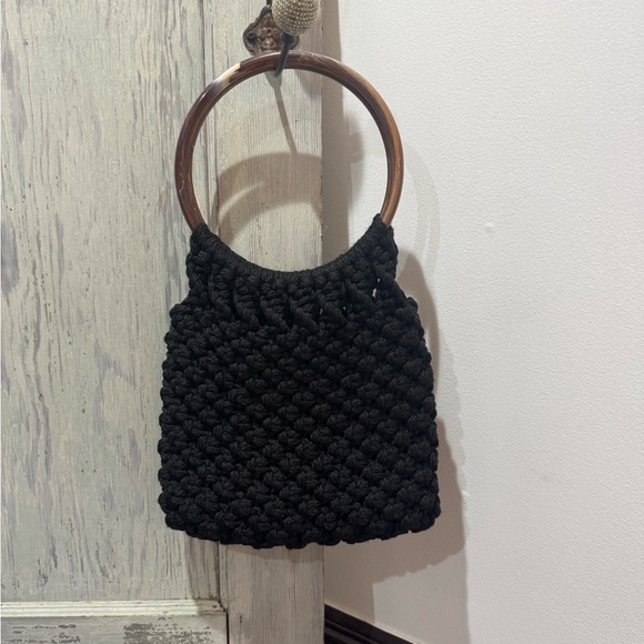Vintage Purse Handcrafted Black Crochet Bag Circle Round Handles Macrame - Picture 1 of 9
